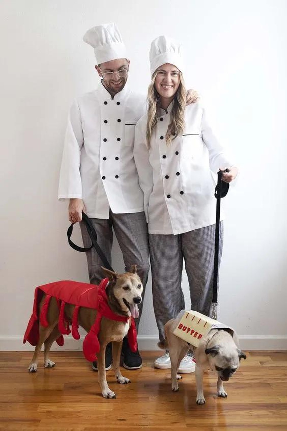 Os dois tutores se vestiram de chefs enquanto um dos cachorros está fantasiado de lagosta e o outro, de manteiga — Foto: ( Pinterest/ @abeautifulmess_/ Reprodução)