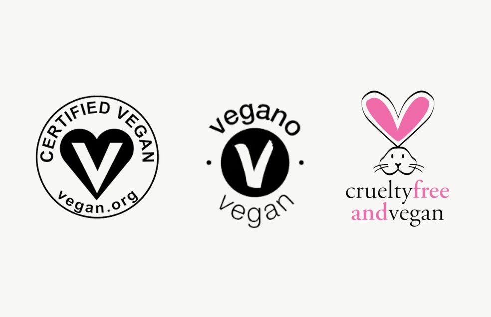 Os selos ficam dispostos na embalagem de itens de higiene pessoal e beleza — Foto: Divulgação/ Vegan Action, The Vegan Society e PETA